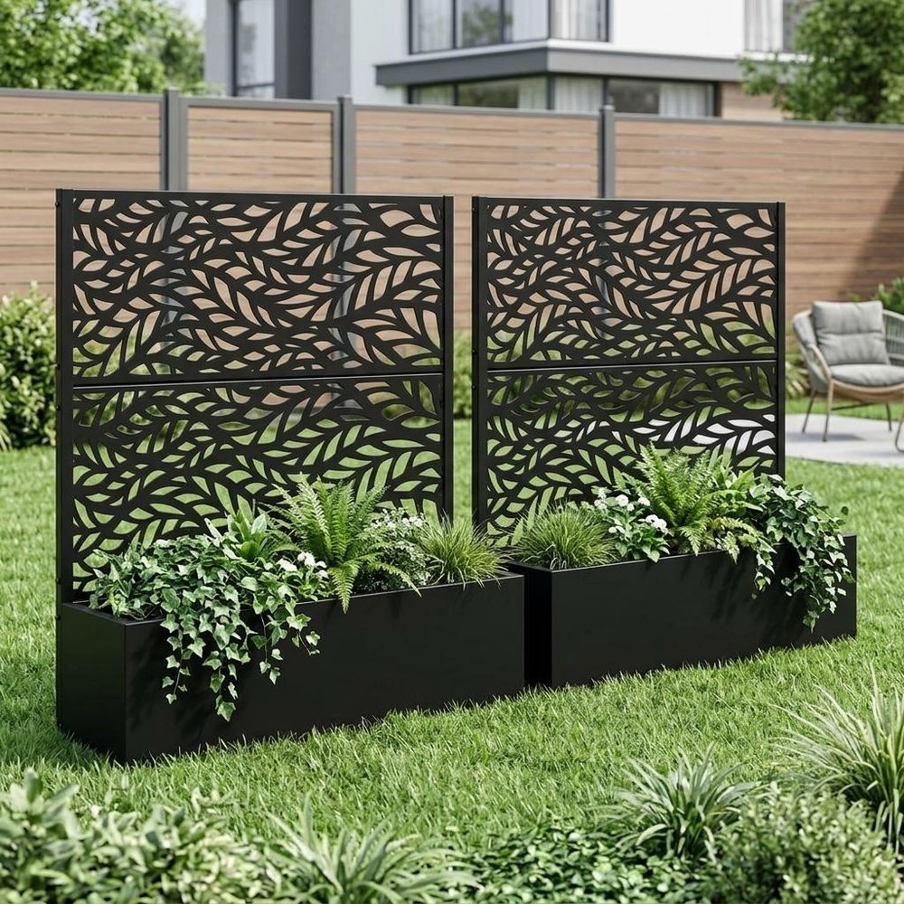 Set of Two Black Botanical Galvanized Metal Rectangular Planter Box — view 1