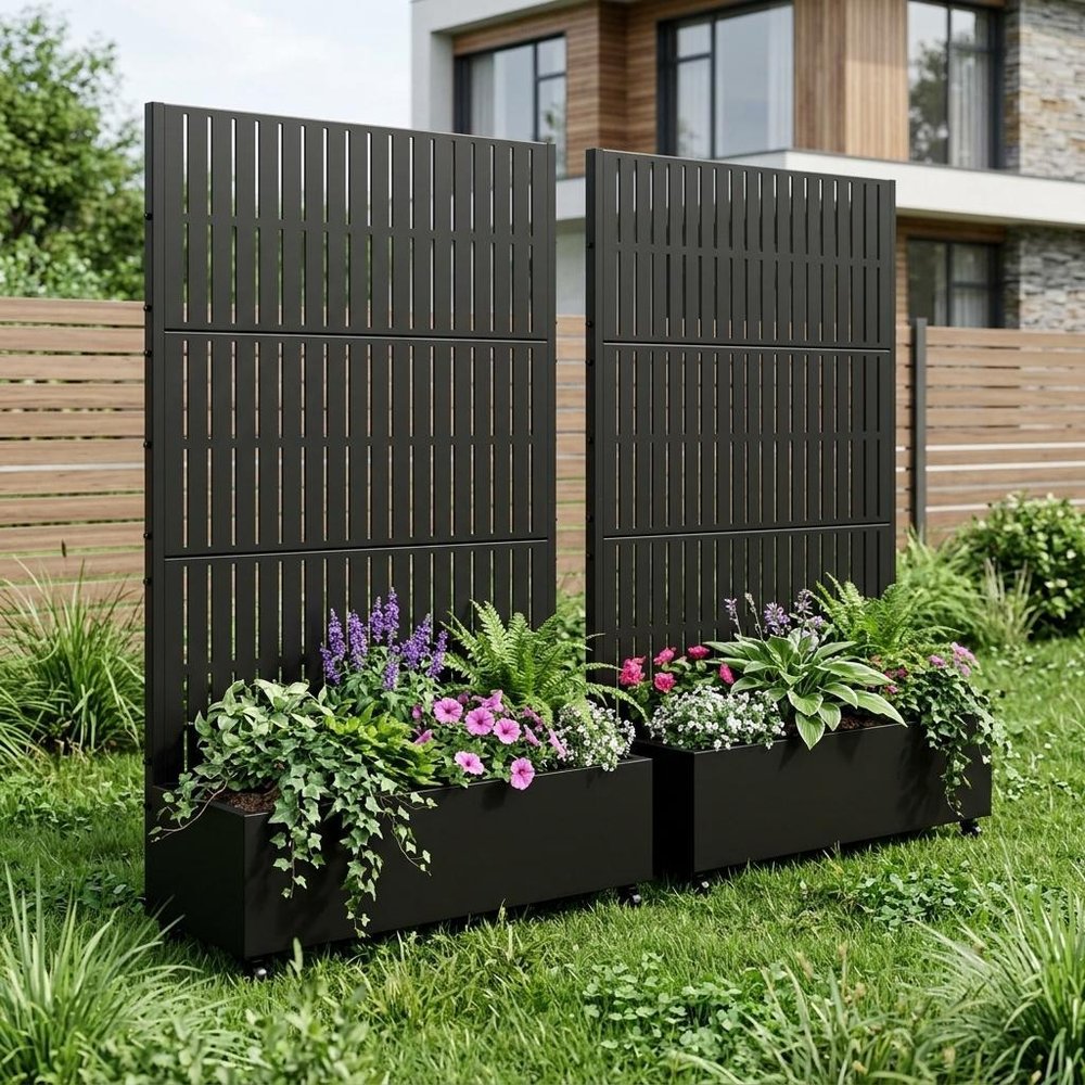 Set of Two Black Striped Galvanized Metal Rectangular Planter Box — view 1