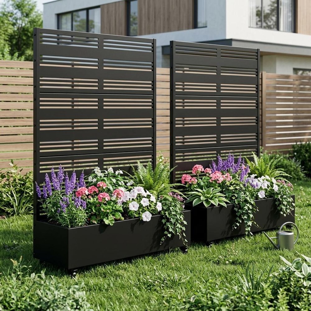 Set of Two Black Striped Galvanized Metal Rectangular Planter Box HomeRoots