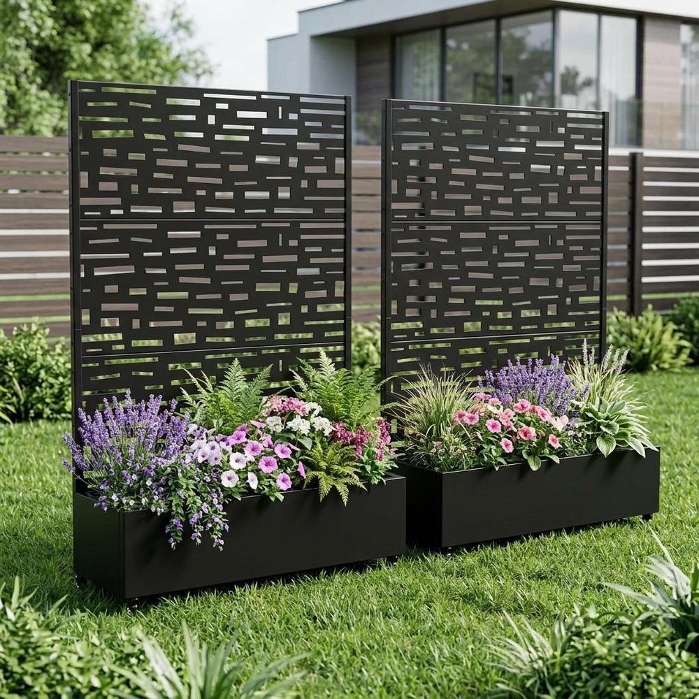 Set of Two Black Geometric Galvanized Metal Rectangular Planter Box HomeRoots