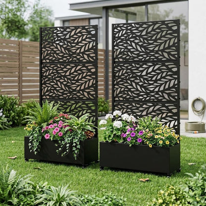 Set of Two Black Botanical Galvanized Metal Rectangular Planter Box
