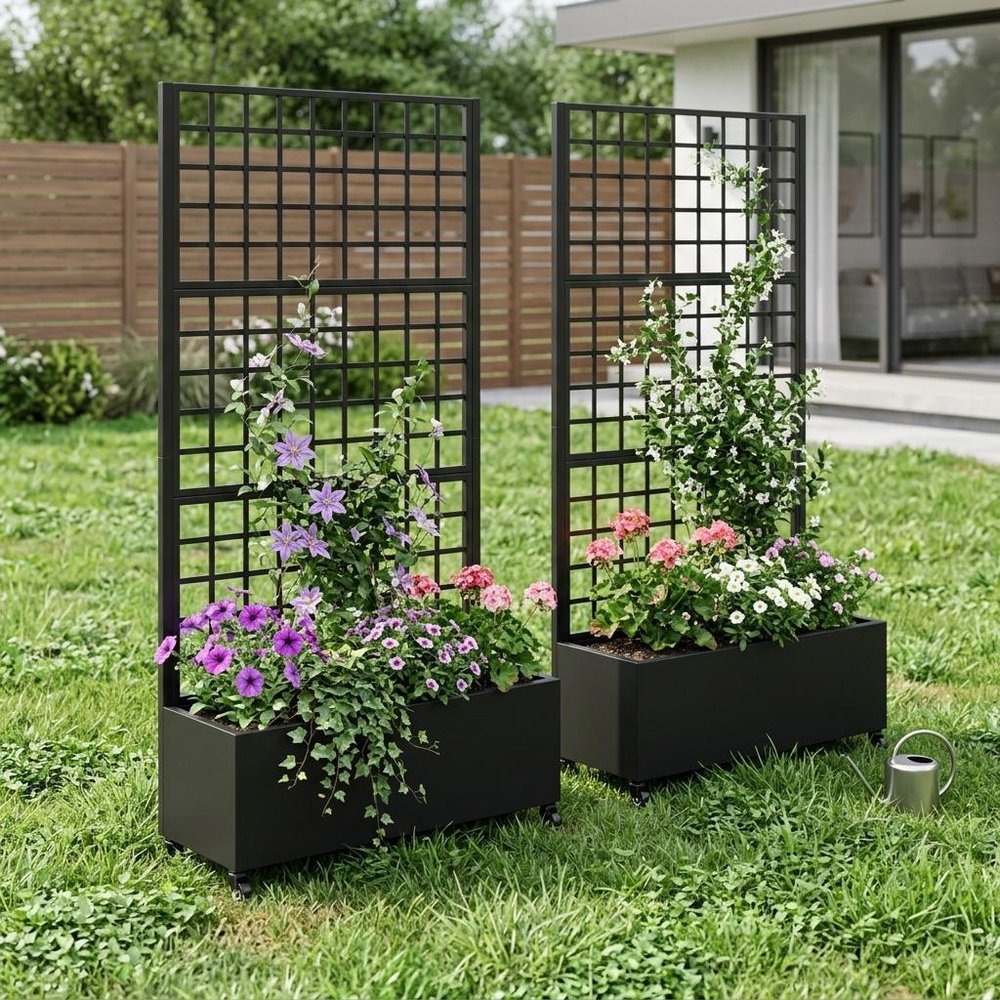 Set of Two Black Geometric Galvanized Metal Rectangular Planter Box HomeRoots