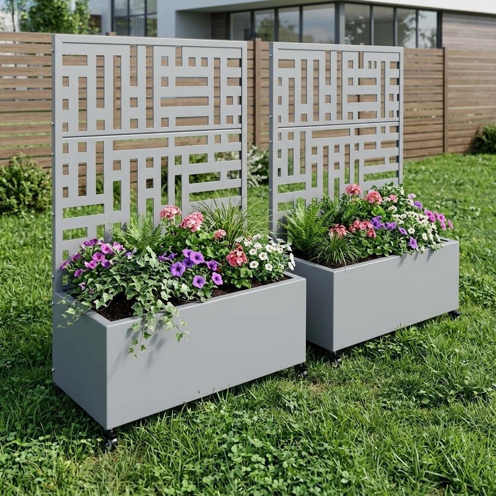 Set of Two Gray Geometric Galvanized Metal Rectangular Planter Box — view 1