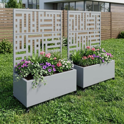 Set of Two Gray Geometric Galvanized Metal Rectangular Planter Box HomeRoots