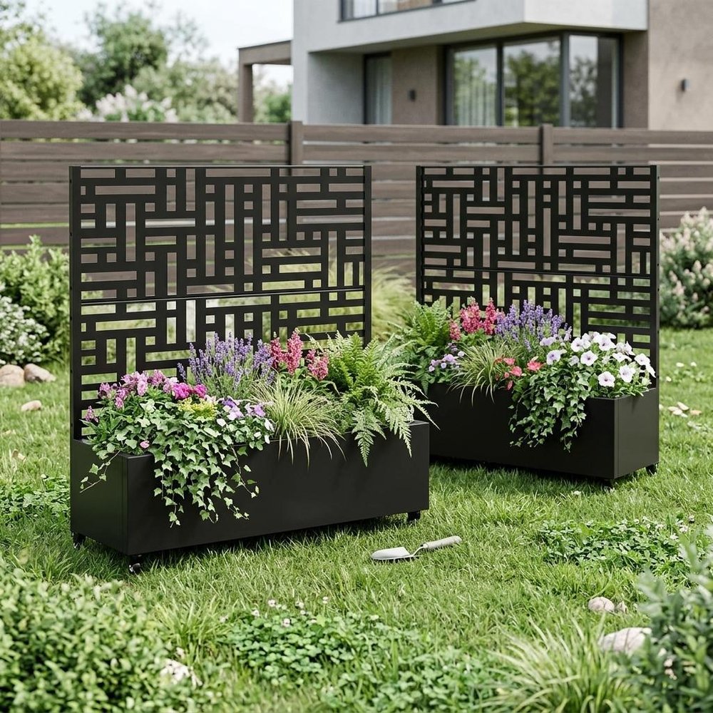 Set of Two Black Geometric Galvanized Metal Rectangular Planter Box HomeRoots