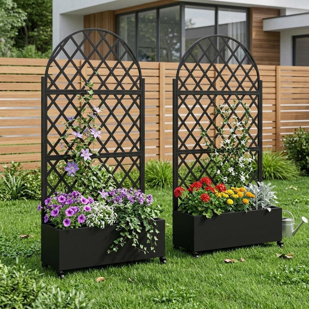 Set of Two Black Geometric Galvanized Metal Oval Planter Box HomeRoots