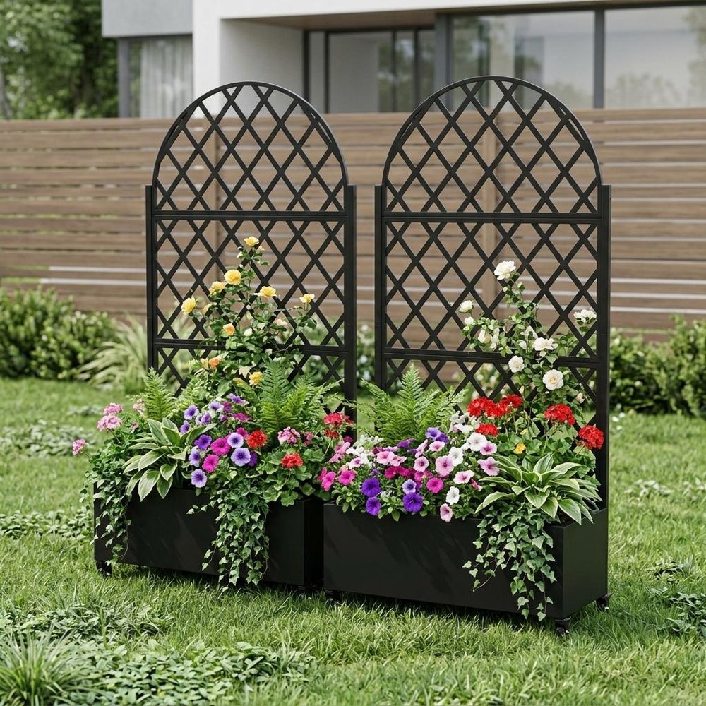 Set of Two Black Geometric Galvanized Metal Oval Planter Box — view 1