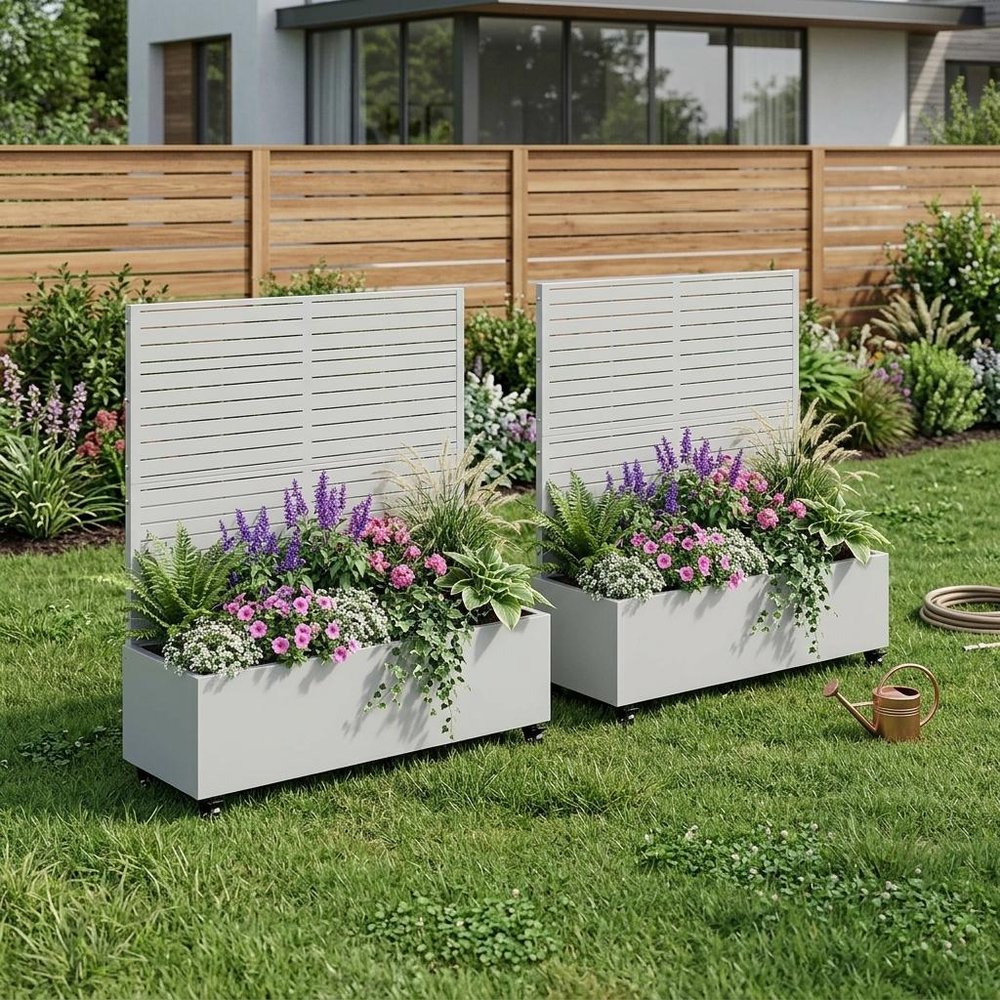 Set of Two White Striped Galvanized Metal Rectangular Planter Box — view 1
