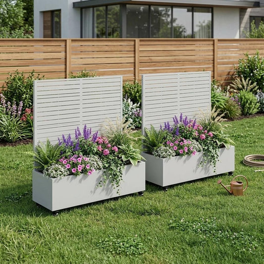 Set of Two White Striped Galvanized Metal Rectangular Planter Box