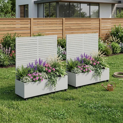 Set of Two White Striped Galvanized Metal Rectangular Planter Box