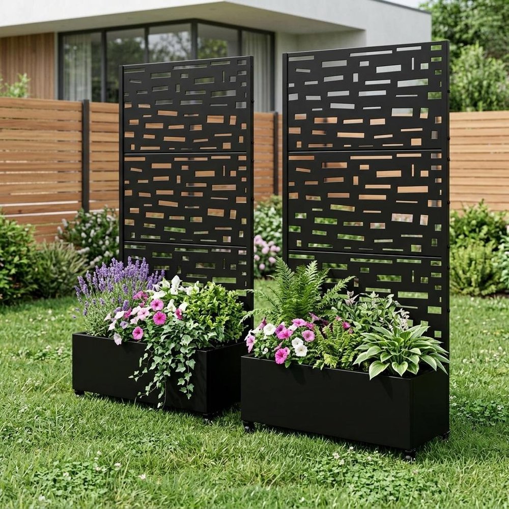 Set of Two Black Geometric Galvanized Metal Rectangular Planter Box — view 4