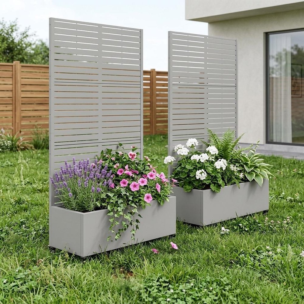 Set of Two Gray Striped Galvanized Metal Rectangular Planter Box HomeRoots