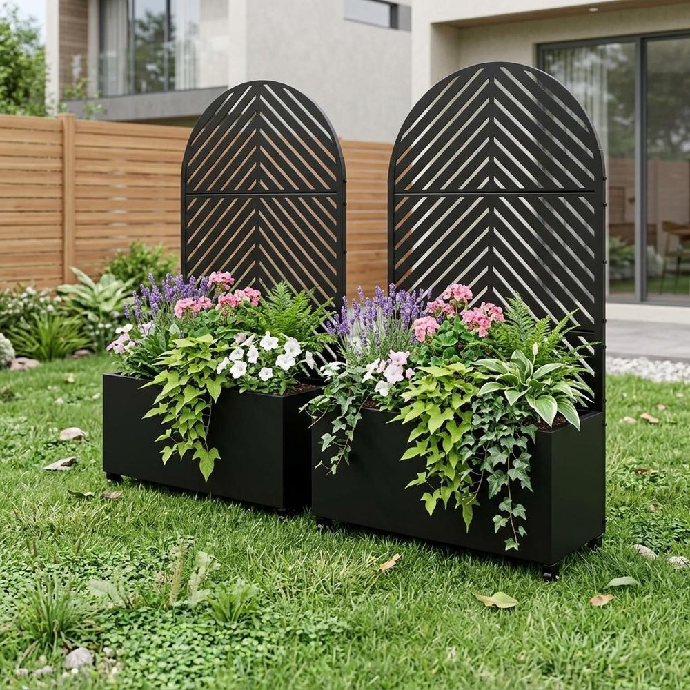 Set of Two Black Striped Galvanized Metal Oval Planter Box — view 4