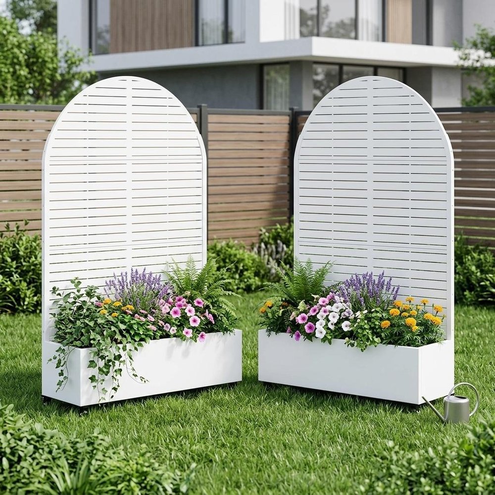 Set of Two White Striped Galvanized Metal Oval Planter Box — view 4