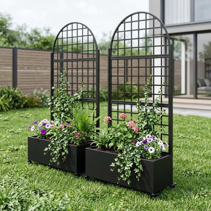 Set of Two Black Geometric Galvanized Metal Oval Planter Box HomeRoots