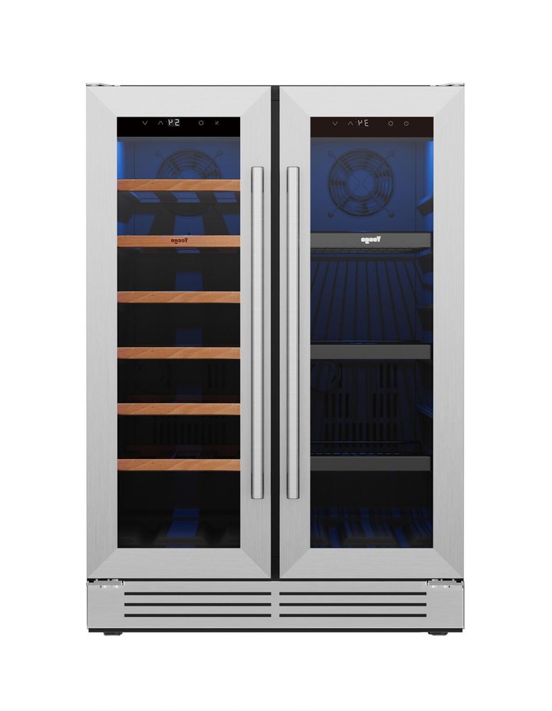 34" X 22" Silver and Black Metal Dual Compartment Wine And Beverage Refrigerator