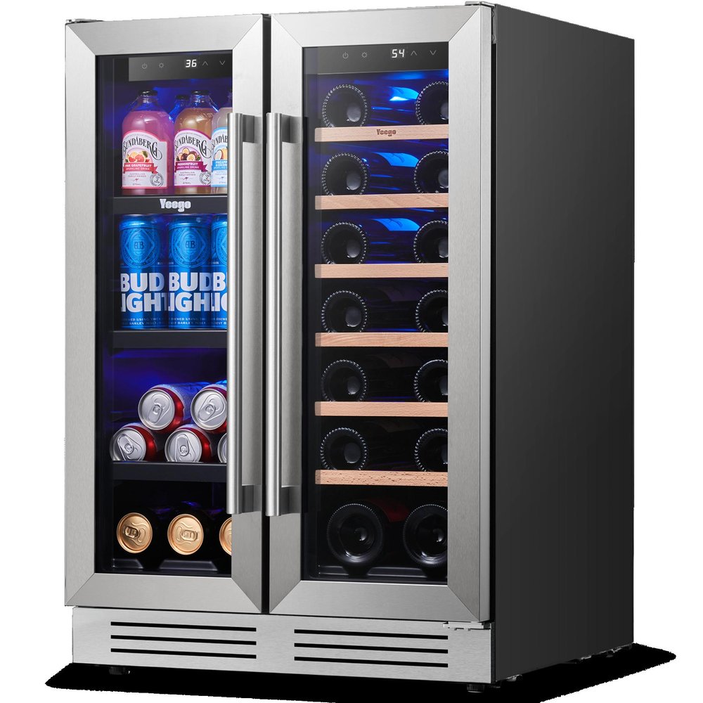 34" X 22" Silver and Black Metal Dual Compartment Wine And Beverage Refrigerator HomeRoots