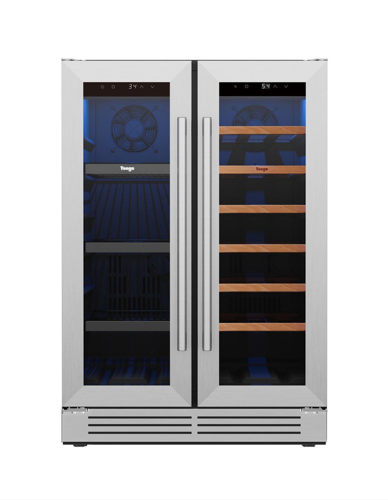 34" X 22" Silver and Black Metal Dual Compartment Wine And Beverage Refrigerator HomeRoots