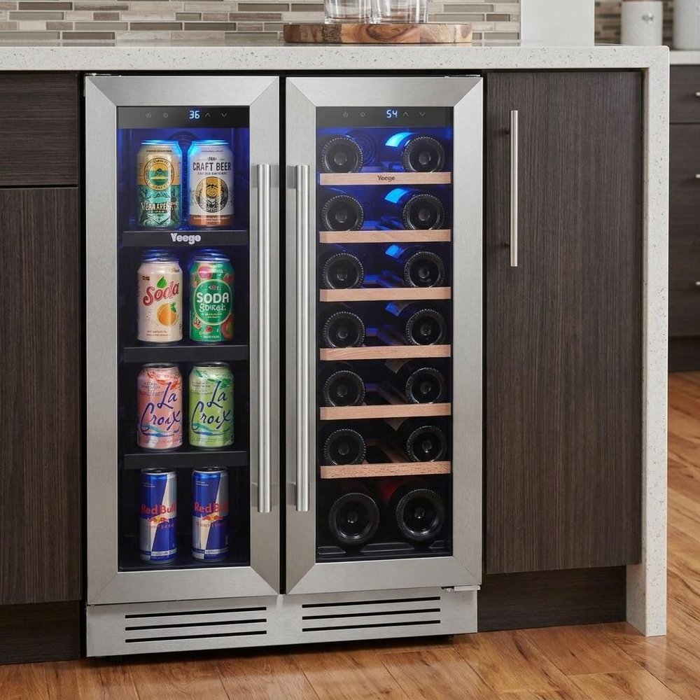 34" X 22" Silver and Black Metal Dual Compartment Wine And Beverage Refrigerator HomeRoots