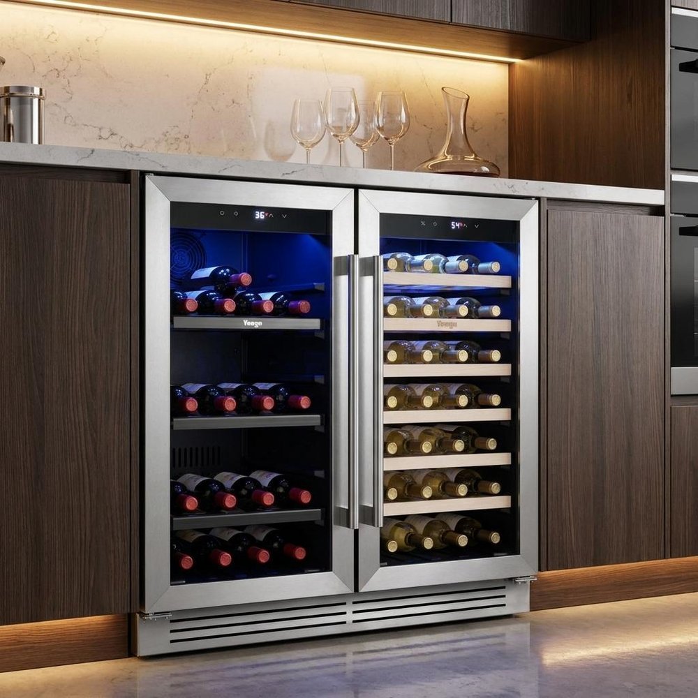 34" X 22" Silver And Black Metal Dual Compartment Wine And Beverage Refrigerator HomeRoots