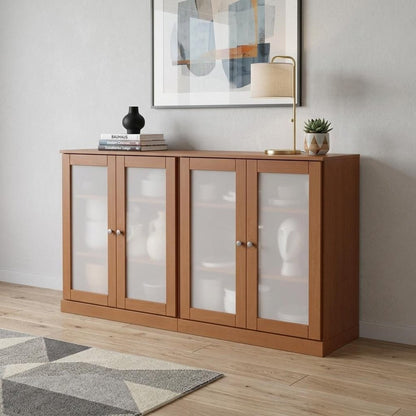 64" Coffee Solid Wood Sideboard With Four Glass Doors HomeRoots