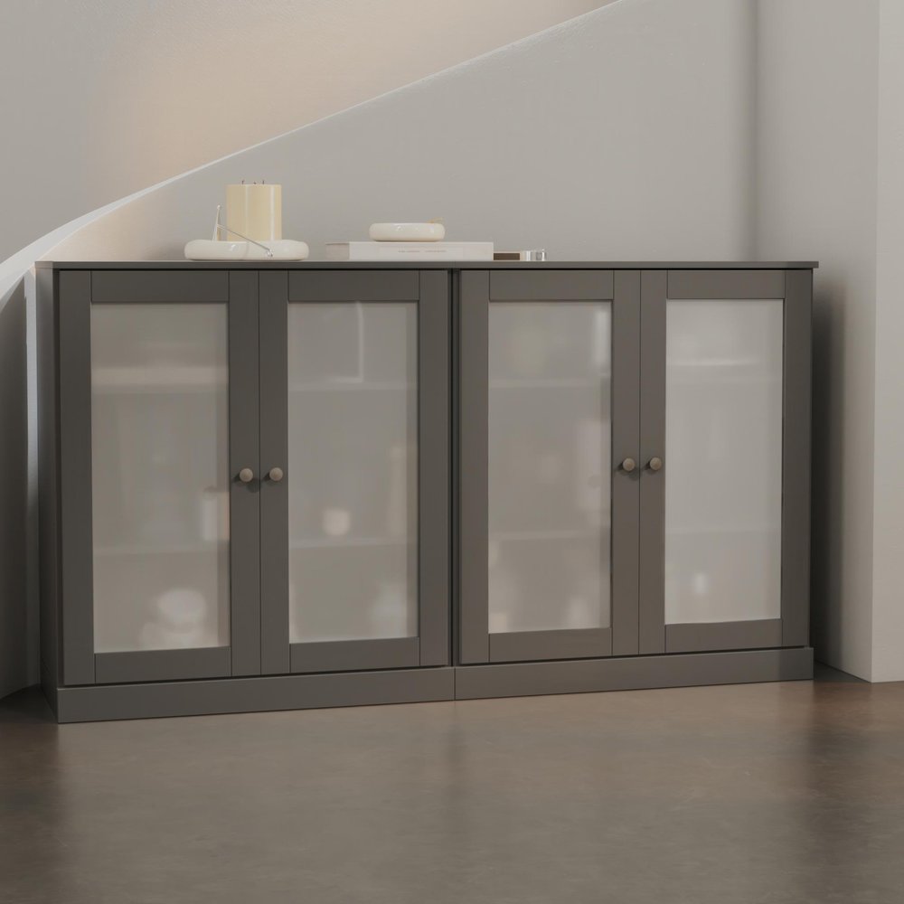 64" Gray Solid Wood Sideboard With Four Glass Doors — view 2