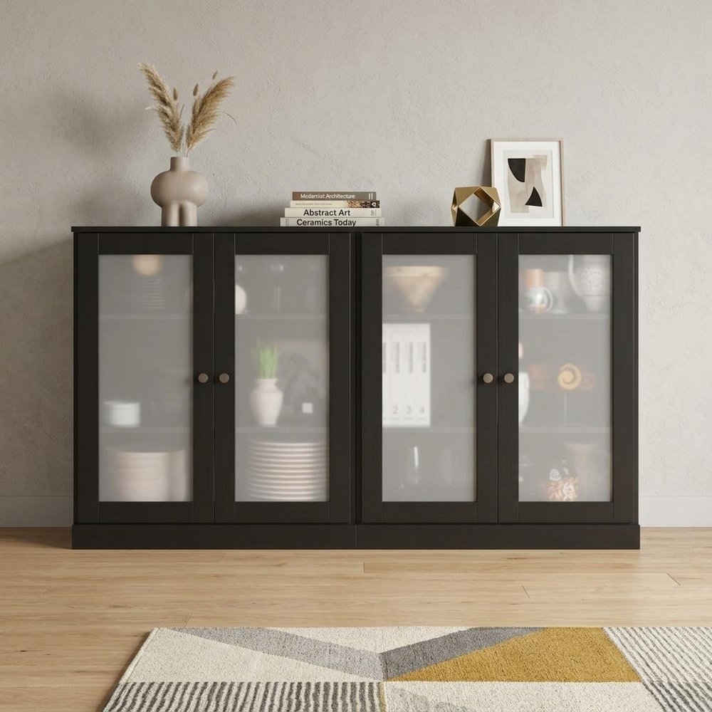 64" Black Solid Wood Sideboard With Four Glass Doors HomeRoots