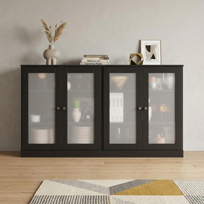 64" Black Solid Wood Sideboard With Four Glass Doors HomeRoots