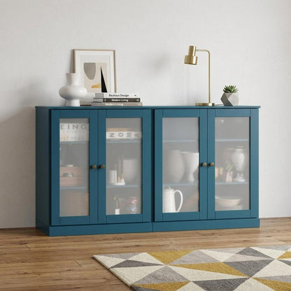 64" Teal Blue Solid Wood Sideboard With Four Glass Doors HomeRoots