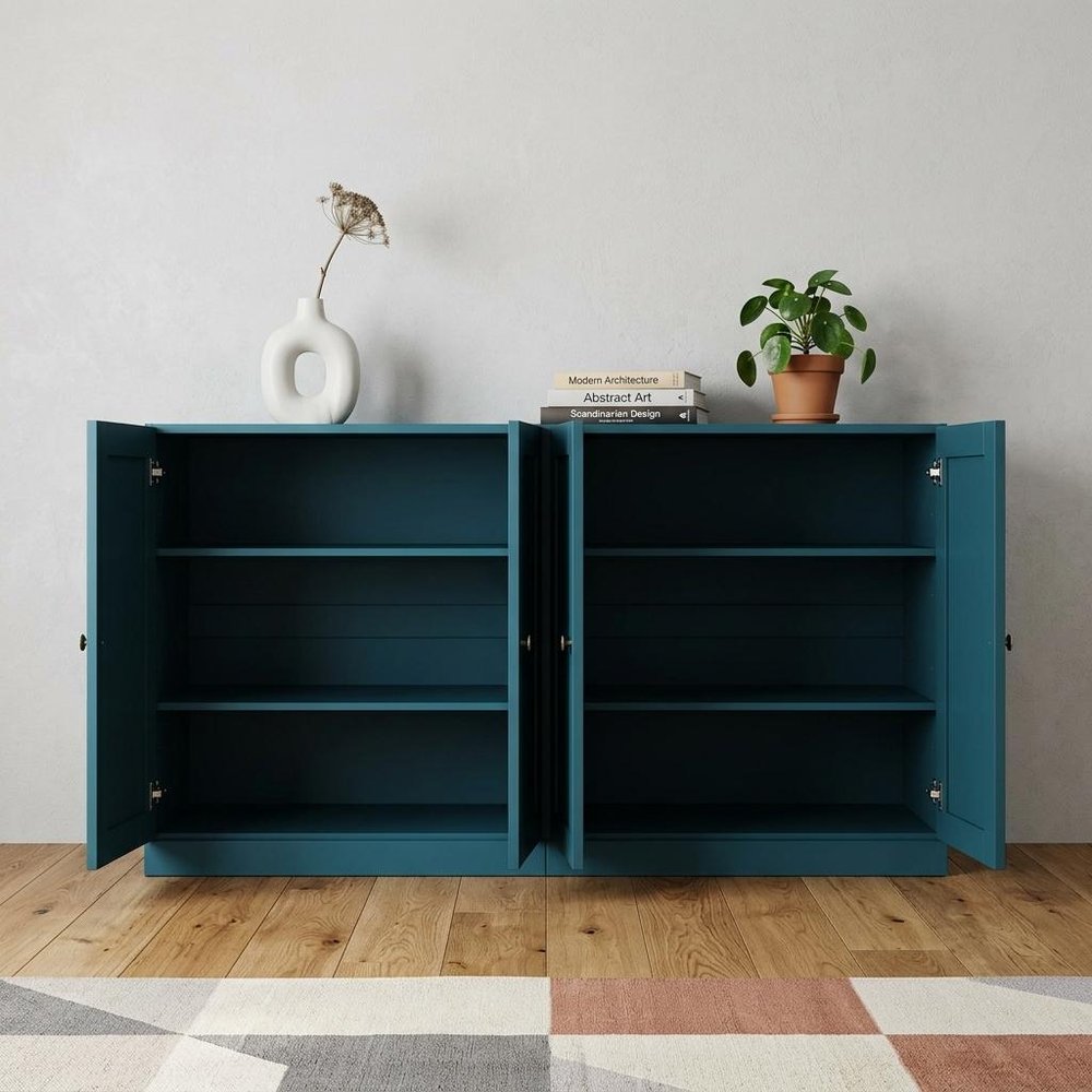 64" Teal Blue Solid Wood Sideboard With Four Doors — view 4