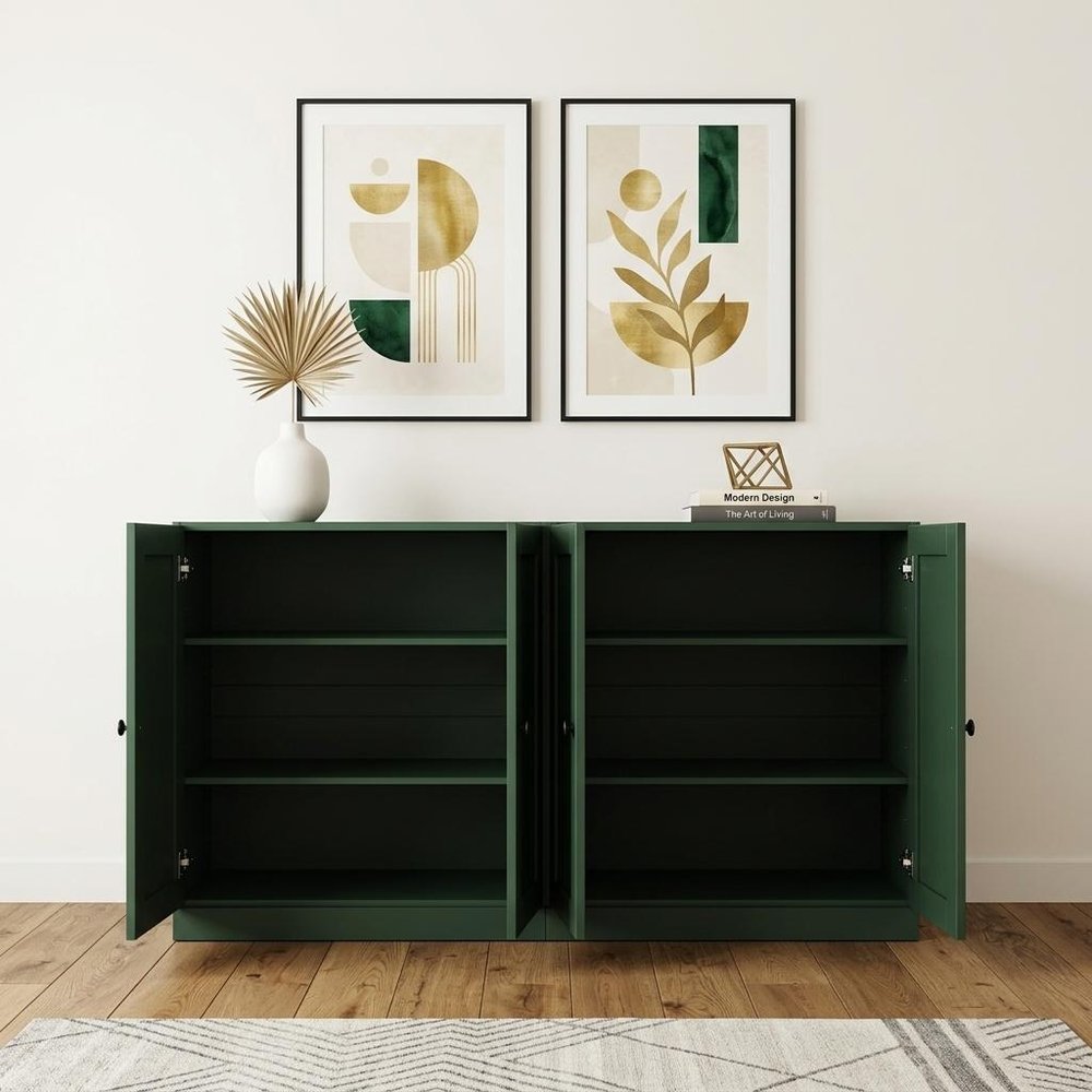 64" Green Solid Wood Sideboard With Four Doors — view 4