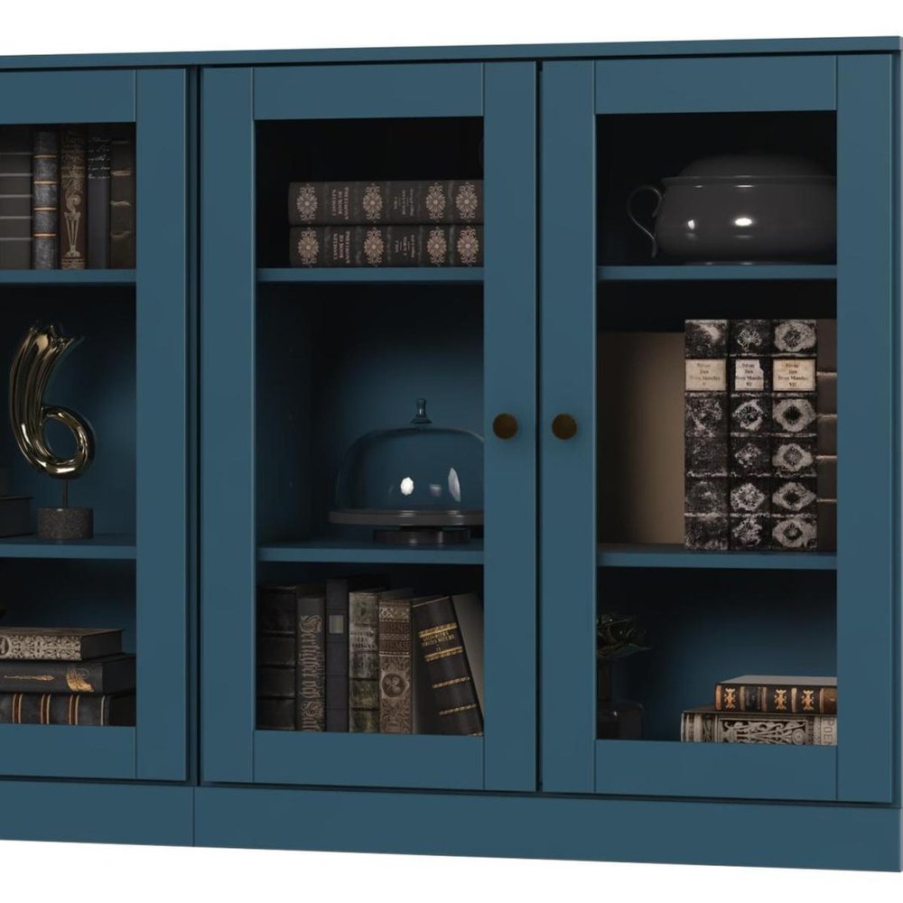 64" Teal Blue Solid Wood Sideboard With Four Glass Doors HomeRoots
