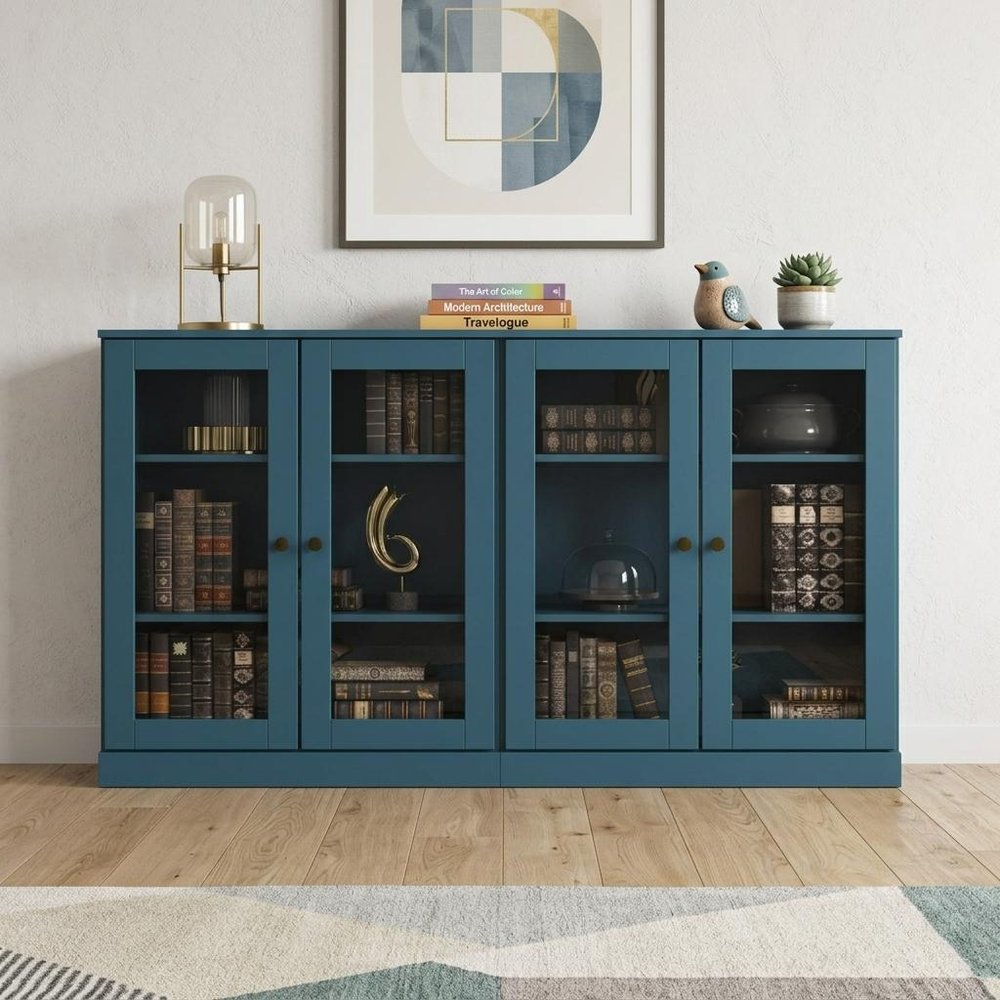 64" Teal Blue Solid Wood Sideboard With Four Glass Doors HomeRoots