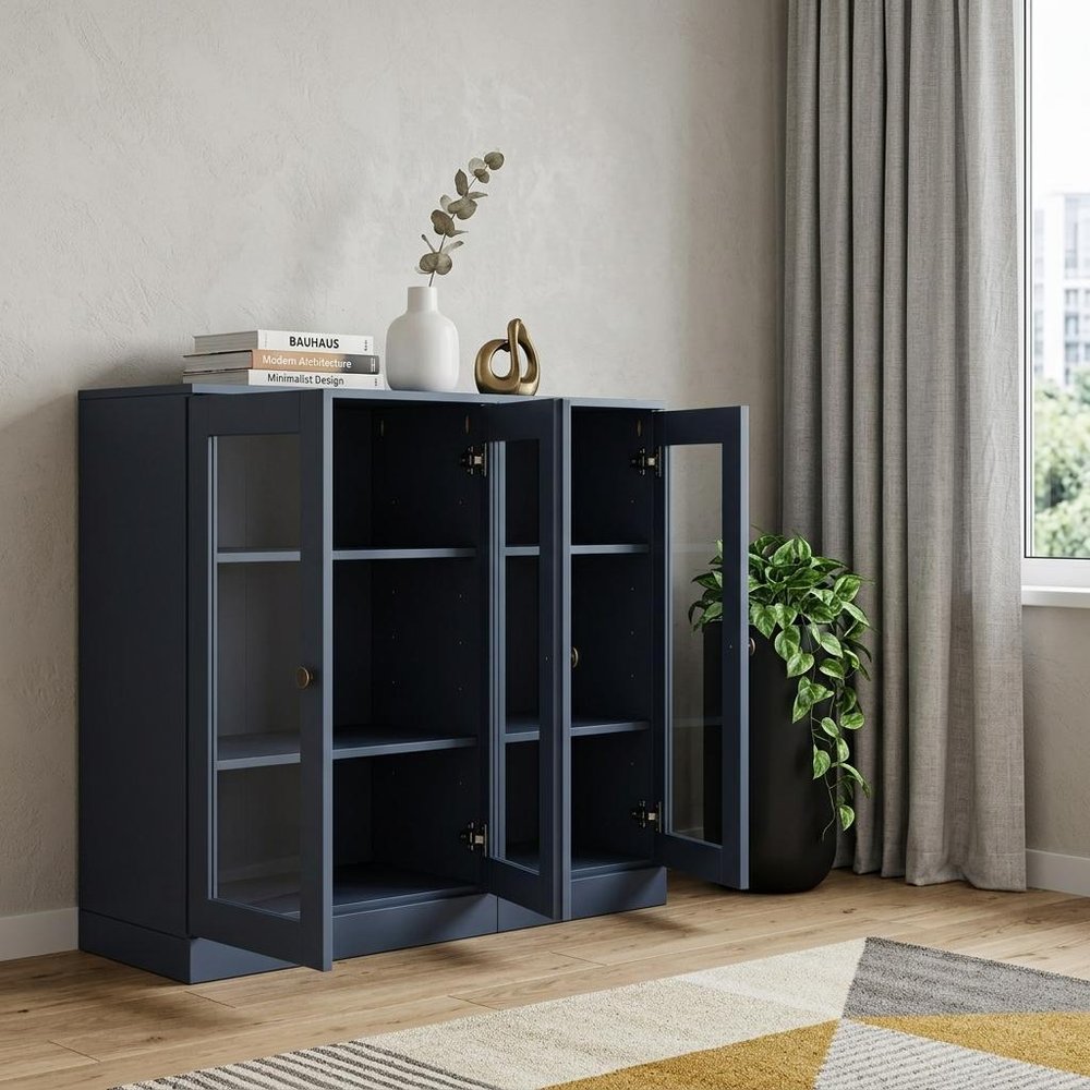 64" French Blue Solid Wood Sideboard With Four Glass Doors HomeRoots