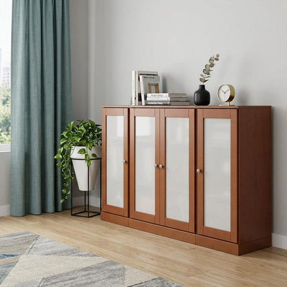 65" Coffee Solid Wood Sideboard With Four Glass Doors HomeRoots