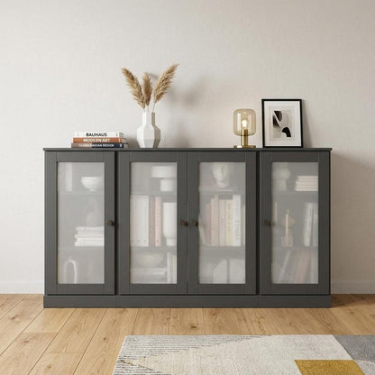 65" Gray Solid Wood Sideboard With Four Glass Doors HomeRoots