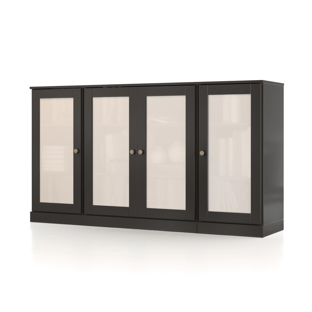 65" Black Solid Wood Sideboard With Four Glass Doors HomeRoots