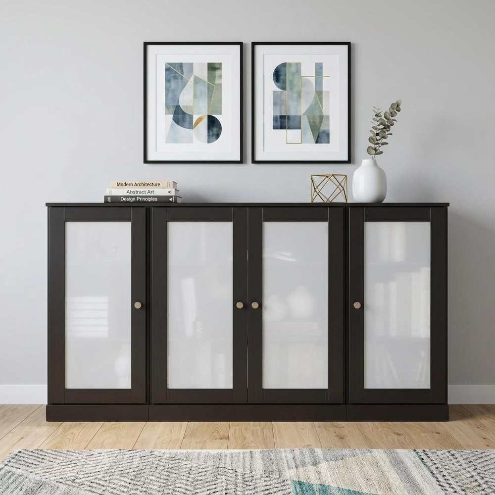 65" Black Solid Wood Sideboard With Four Glass Doors — view 2