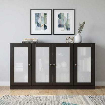 65" Black Solid Wood Sideboard With Four Glass Doors HomeRoots