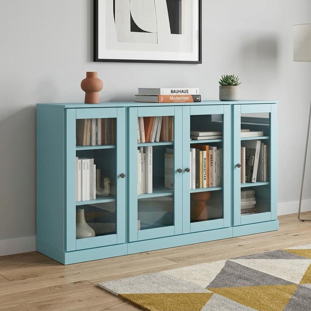 65" Aqua Solid Wood Sideboard With Four Glass Doors HomeRoots