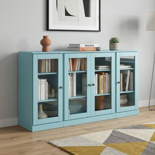 65" Aqua Solid Wood Sideboard With Four Glass Doors