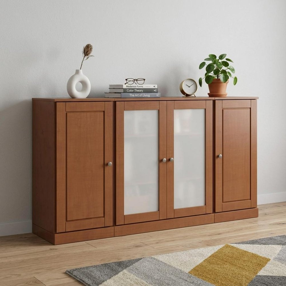 65" Coffee Solid Wood Sideboard With Four Glass Doors — view 2