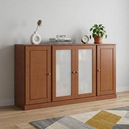 65" Coffee Solid Wood Sideboard With Four Glass Doors HomeRoots