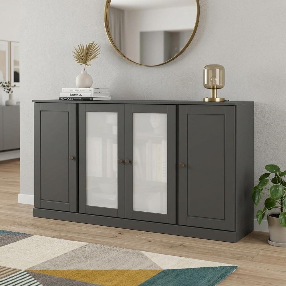 65" Gray Solid Wood Sideboard With Four Glass Doors — view 2