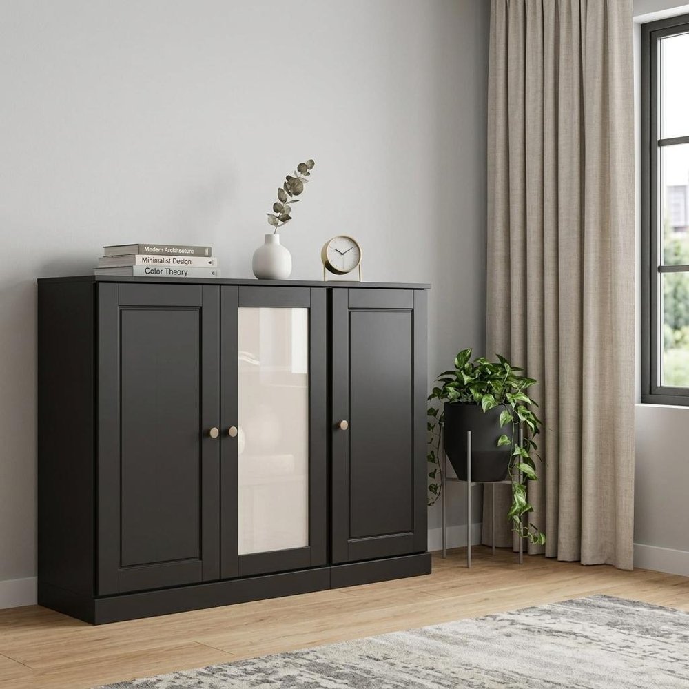 65" Black Solid Wood Sideboard With Four Glass Doors HomeRoots