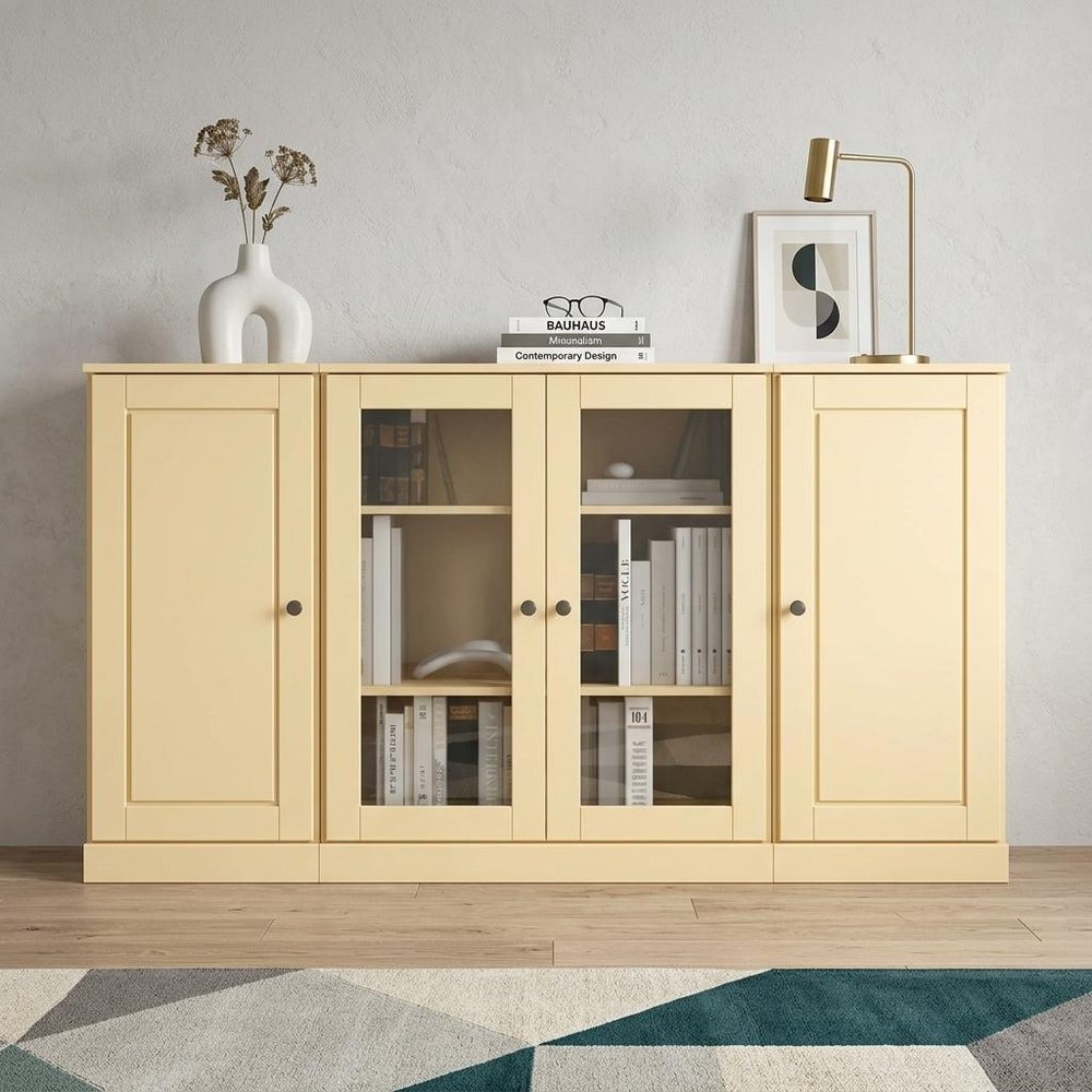 65" Yellow Solid Wood Sideboard With Four Glass Doors — view 4