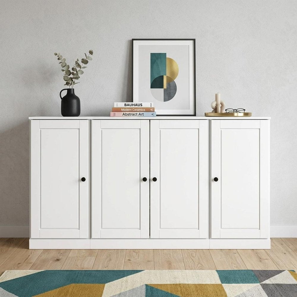 65" White Solid Wood Sideboard With Four Glass Doors HomeRoots