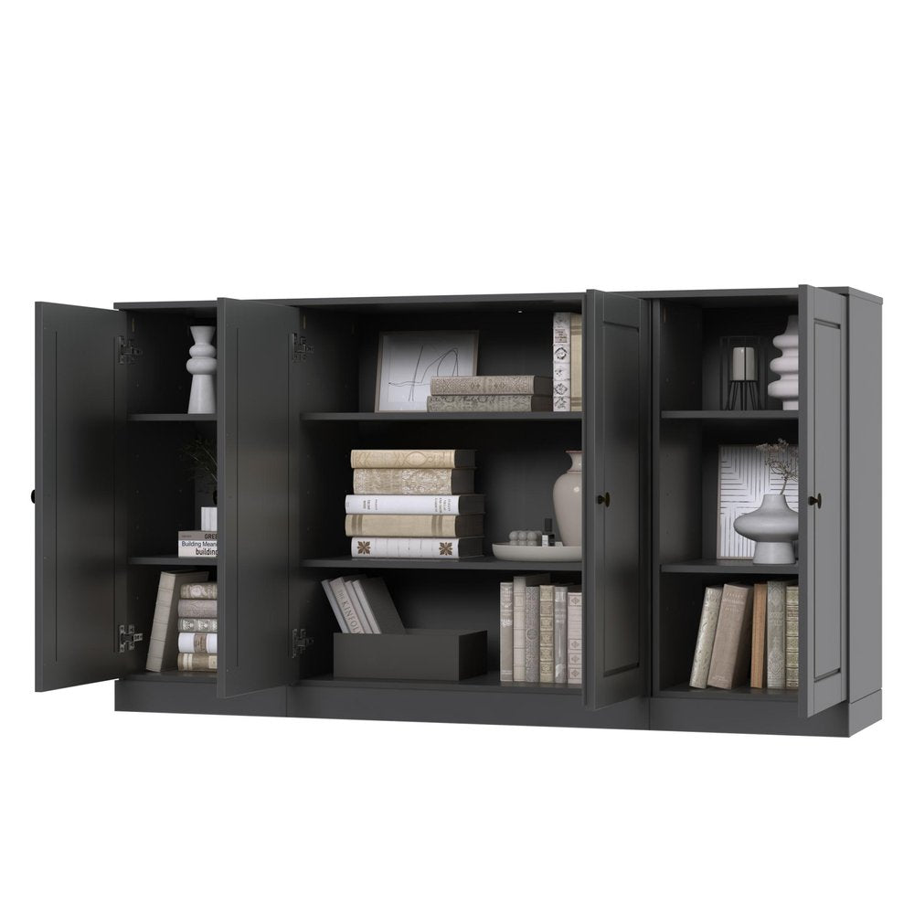 65" Gray Solid Wood Sideboard With Four Glass Doors