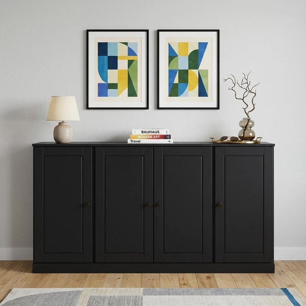 65" Black Solid Wood Sideboard With Four Glass Doors HomeRoots