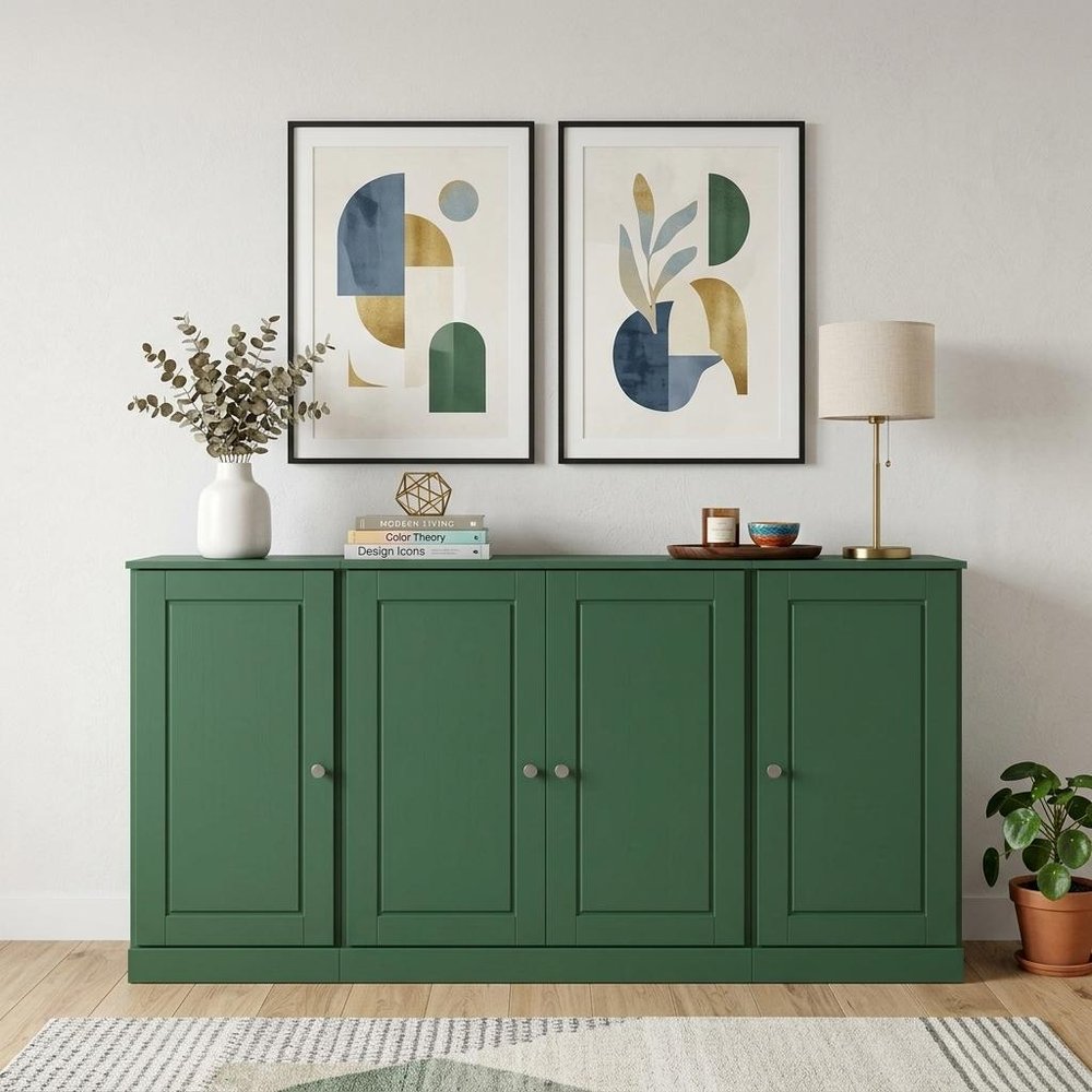 65" Green Solid Wood Sideboard With Four Glass Doors HomeRoots